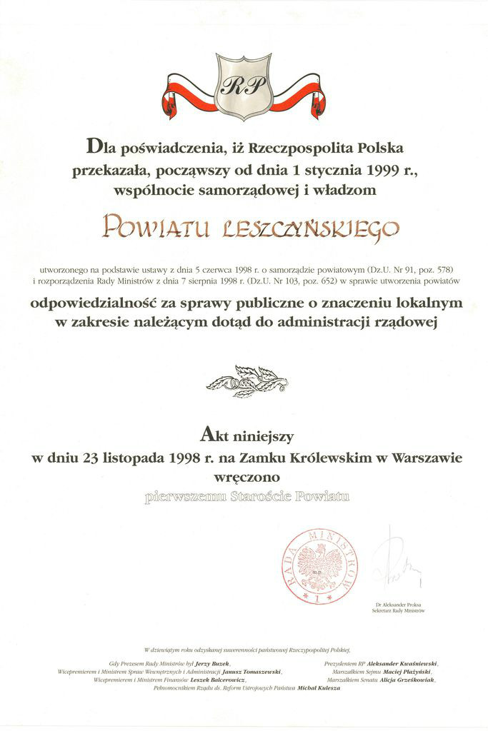 Akt powołania Powiatu leszczyńskiego z dniem 1 stycznia 1999 r., 23.11.1998 r.