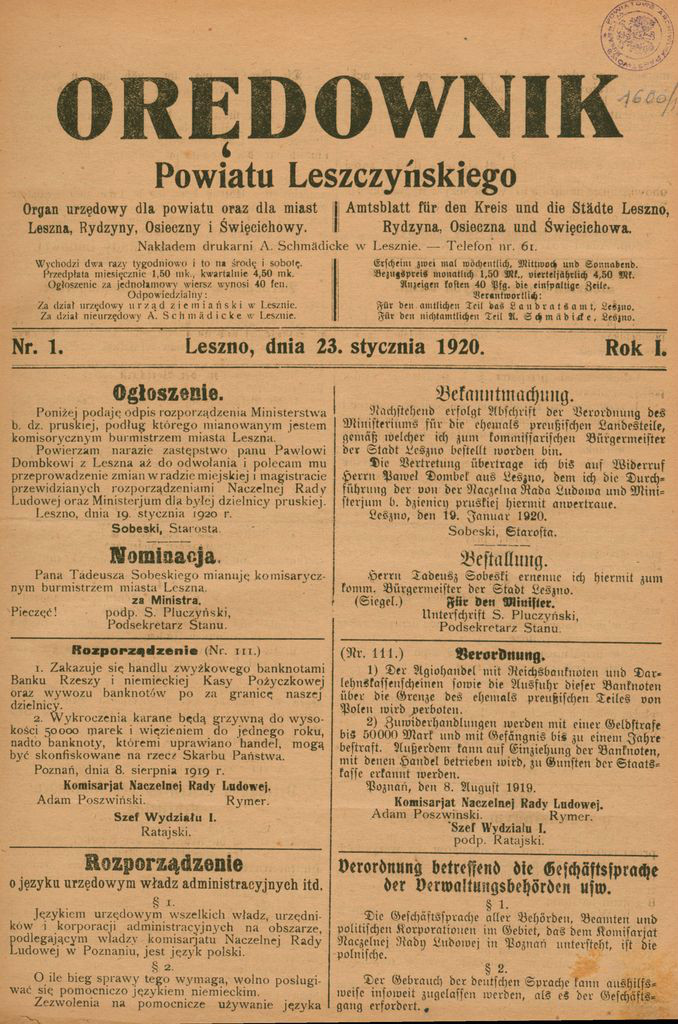 Orędownik Powiatu Leszczyńskiego, Nr 1 z 23 stycznia 1920 r.